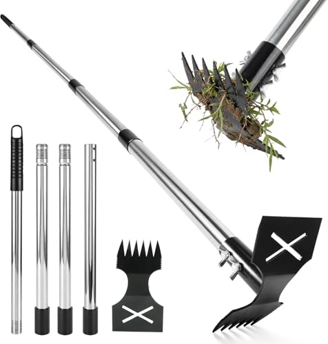 SIWOKJJO Stand Up Long Handle Garden Weed Puller, 147cm Detachable | Stainless Steel Weed Remover, 2-in-1 Manual Rake Hoe, Chemical Free Manual Puller for Garden, Lawn Flower Beds