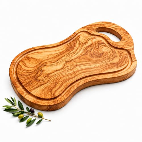 Tabla de cortar artesanal con rigole y mango de madera de olivo natural para cocina profesional, hecha a mano, 40 cm