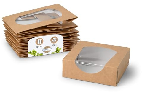 BIOZOYG Patisserie-Schachtel Karton braun 600ml I Kompostierbare Verpackung Geschenk-Karton mit Sichtfenster aus PLA I Gebäck- und Kekskarton I 250x11,8x11,8x4cm