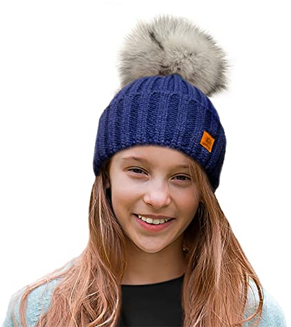 4sold Rita Barnmössa för vintern, stil beanie, stickad mössa med pälstofs, toppluva, huvudbonad, skidåkning, snowboard, marinblå, En Storlek