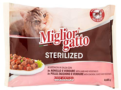 Migliorgatto Sterilized Chunks in Sauce Nassfutter für Katzen (100% Made in Italy, Katzennassfutter, Hauptzutat: Lamm-Gemüse und Huhn-Truthahn-Gemüse, Portionsgröße: 85 g (4er Pack))
