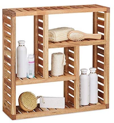 Relaxdays Wandregal Walnuss mit 5 Fächern, für Badezimmer, Flur und Wohnzimmer, Stauraum, HxBxT: 50 x 50 x 15 cm, natur