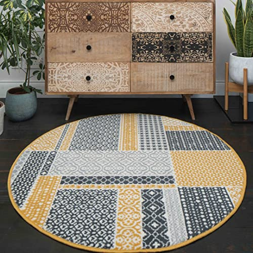 Milan Ochre Mustard Yellow Grey Patchwork Squares Traditional Lounge Living Room Circle Rug 120cm