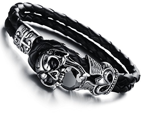 Cupimatch Herren Armband Punk Rock Gothic Armreif Herren Silber Schwarz Edelstahl Totenkopf Schädel Leder Armband Perlenarmband für Männer