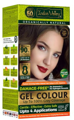 Indus Valley Gel Hair Color | Natural Permanent Hair Dye with Organic Aloe Vera, Amla, Henna & Orange Oil | Ammonia-Free & PPD-Free | 100% Grey Coverage | Light Brown (20 g + 200 ml)