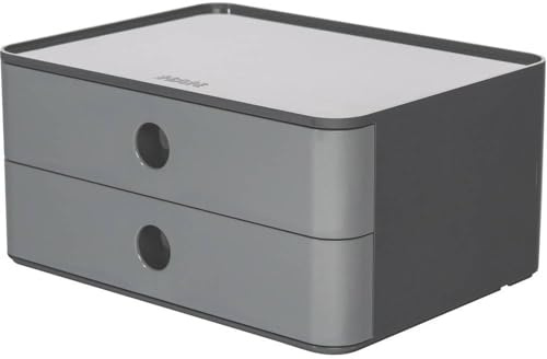 HAN Schubladenbox Allison SMART-BOX mit 2 Schubladen und Trennwand, Kabelführung, stapelbar, Utensilienbox für Büro, Schreibtisch Küche, möbelschonende Gummifüße, 1120-19, hochglänzend, granity grey