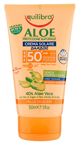 equilibra Solari, Aloe Crema Solare Bambini Spf 50+, Crema Solare per Bambini a Base di Aloe Vera, Latte di Mandorle e Vitamina E, Protegge da Scottature e Eritemi, Water Resistant, 150 ml