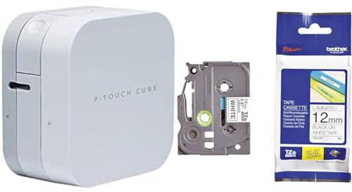 Brother P-touch Cube Bluetooth-Beschriftungsgerät (für 3,5 bis 12 mm breite TZe-Schriftbänder, bis zu 20 mm/Sekunde Druckgeschwindigkeit) + TZe-231 P-touch Schriftband (12mm breit) schwarz auf weiß