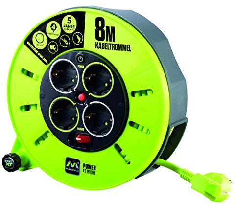 Masterplug Pro-XT Enrollacables de carrete de cable abierto de cuatro tomas con asa de bobinado, interruptor térmico e interruptor de alimentación, cable de alta visibilidad de 8 metros