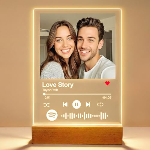 VEELU Spotify Glas Personalisiert LED Nachtlicht Song Cover Glas Bild mit Foto Spotify Platte Acrylglas Fotogeschenke für Männer Frauen Pärchen Geschenk Jahrestag Valentinstag Weihnachten