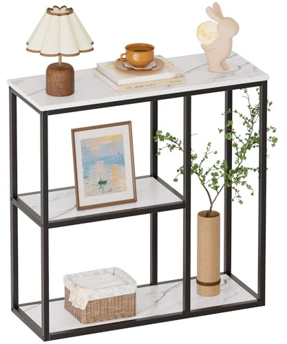 WOHOMO Console Table, 12 Inch Narrow Entryway Table for Living Room, 31.5 Inch Modern Industrial Sofa Table with 3-Tier Storage Shelves for Corridor, Hallway, White Marble