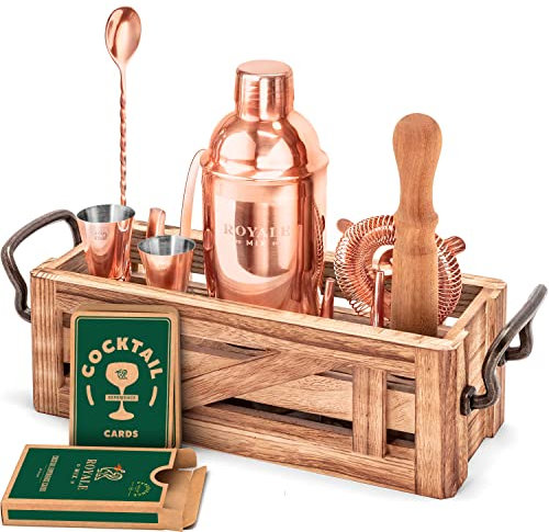 Mixology Bartender Kit with Wooden Stand - Great Housewarming Gift - 12 Piece Bar Tools Set with Cocktail Kit Cards - Premium Bartending Kit for a Fun Bar Set - Cocktail Shaker Set (Copper)
