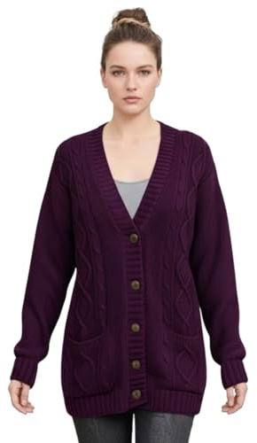 LUXE DIVA New Womens Everyday Long Sleeve Button Top Ladies Chunky Aran Cable Knit Grandad Cardigan UK Size 8-26 Purple