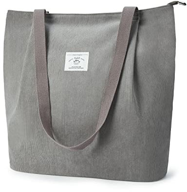KALIDI Wasserdicht Cord Tasche mit Reißverschluss,Tote Bag Damen Groß Shopper Tasche Handtasche Kapazität Umhängetasche für Arbeit Büro Reisen Einkaufen Schule und Alltag,Grau
