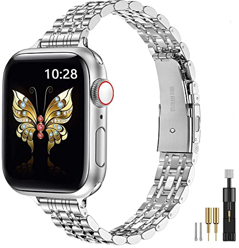 MioHHR Slim Straps Compatible with Apple Watch Strap 38mm 40mm 41mm 42mm(Series 11/10),Thin Stainless Steel Metal Chain Band for Women iWatch Straps Series 9 8 7 6 5 4 3 2 1 SE,Silver