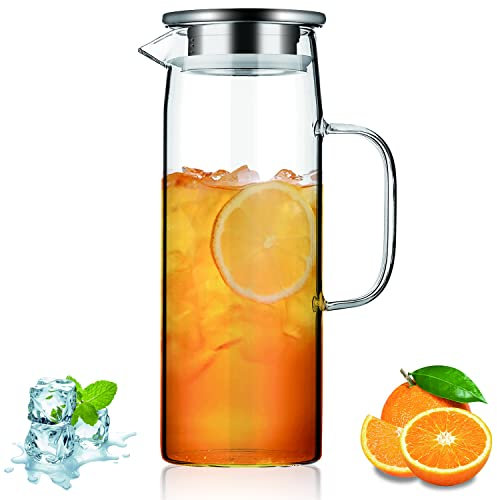 Kyraton jarra agua con tapa extraíble 1.5L, botellas de vidrio transparente para bebidas frías y calientes, fáciles de limpiar para té, café, jugo