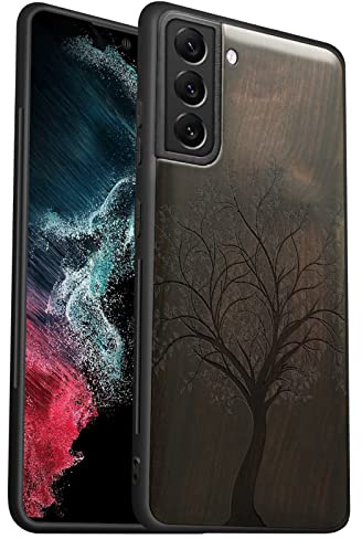 Carveit pour Galaxy S21 Étui de Coque [Unique Bois Sombre] [Personnalisé Bois] Protection de Téléphone Antichoc Compatible avec Samsung S21 Coque (Arbre feuillu)