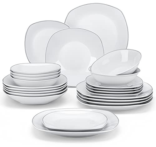 MALACASA Dinnerware Sets, 24 Piece Porcelain Square Dishes, White with Silver Rim Plates and Bowls Sets, Ceramic Dish Set for 6, Chip Resistant Dishware Sets, Series ELISA
