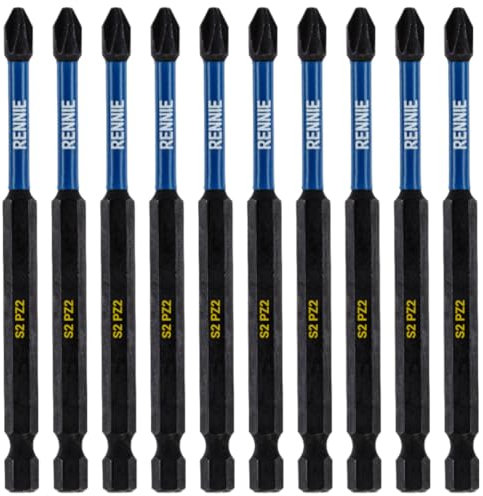 10 x Rennie Tools 100mm Long PZ2 Impact Screwdriver Driver Bits Set. Heavy Duty PoziDriv POZI No.2 Magnetic Screwdriver Bit Set. PZ2 Impact Driver Bits Pozidrive Screw Accessories. Black Oxide Coated