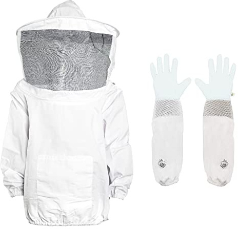 Luwint Chaqueta y guantes de apicultura para niños, traje de abeja con velo ventilado para niños, chaqueta protectora de apicultor con guantes de apicultura de piel de cabra para niños (3'8''-4'4'' de