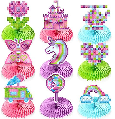 Colarr 9 Pcs Building Block Birthday Party Supplies, Building Block Decoration Sets, Honeycomb Table Centerpieces Pastel Themed Pink Girls Brick Cupcake Topper Birthday Party Princess Kids