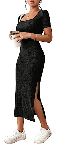 GORGLITTER Kleid Damen Sommer Kurzarm Midikleid Figurbetont Freizeitkleid mit Schlitz Urlaub T-Shirt-Kleid Elegant Sommerkleid Schwarz S