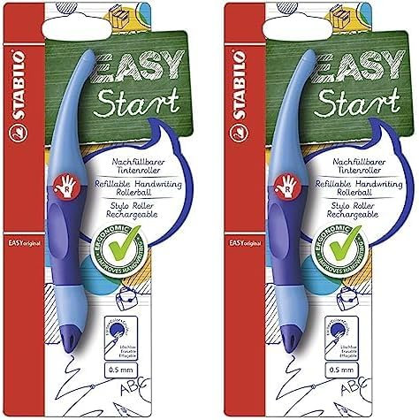 STABILO - Ergonomischer Tintenroller für Rechtshänder - EASYoriginal in dunkel-/hellblau - blau (löschbar) - inkl. Patrone (Packung mit 2)