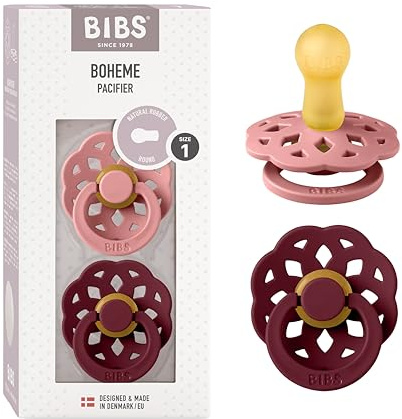 BIBS Boheme Napp 2-pack. BPA-fri., Rund sugdel. Naturgummilatex, Tillverkad i Danmark, Storlek 1 (0-6 månader), Dusty Pink/Elderberry