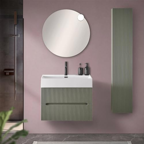 Inbagno Mobile bagno sospeso cannettato 70 cm verde opaco con 2 cassetti soft-close, lavabo in resina BALI