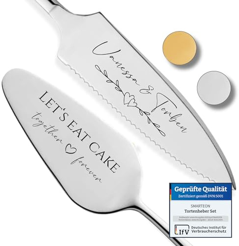 SMARTEON Let's Eat Cake Cake-Server Set mit Tortenmesser und Personalisierter Gravur – Hochzeitsgeschenke für Brautpaar, Geburtstag, Jubiläum, Geschenkidee für Paare – Silberfarbenes Set