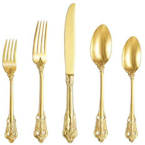 SHEUMNT Magnifique ensemble de couverts baroques or 18/10 en acier inoxydable 20 pièces, ustensiles comprenant une fourchette, une cuillère et un couteau avec coffret cadeau
