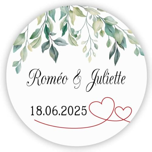 MameArt 50stk 4cm Personalisiert Hochzeit Aufkleber, Blumen Doppelte Herzen mit Namen Datum, Sticker für Hochzeit Gastgeschenk Taufe Geburtstag Feste Geschenke Präsente (Kranz C)