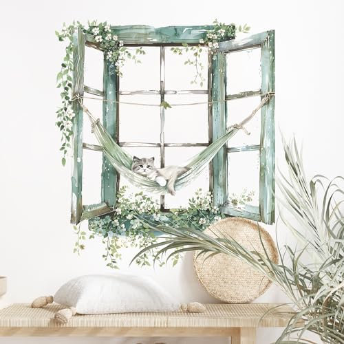 Supzone Pegatinas de Pared Falsas Ventanas Verdes Durmiendo Gato en la Hamaca Vinilos Decorativos 3D Adhesivos Pared para Sala de Estar Dormitorio Muebles Armario