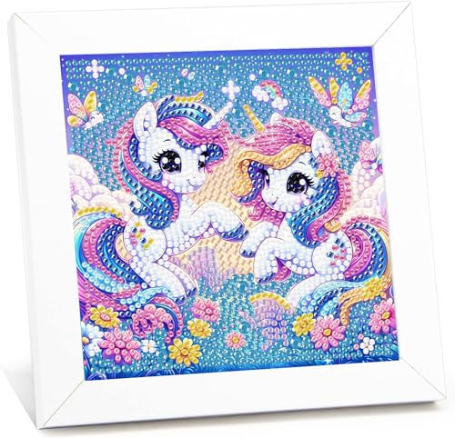 Giahism Einhorn Diamond Painting Kinder Mit Rahmen, Diamant Painting Bilder Einhorns, Tiere Diamond Painting Kinder ab 4-6-8 Jahre, Diamant Bilder Arts Craft für Home Wand Decor(17,5x17,5cm)