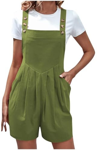EMATOP Damen Elegant Kurz Playsuit Sommer Ärmellos Jumpsuit Einfarbig Baumwolle Einteiler Overalls Lässig Baggy Latzhose Hohe Taille Mode Trägerhose mit Taschen Arbeitshose Teenager Mädchen