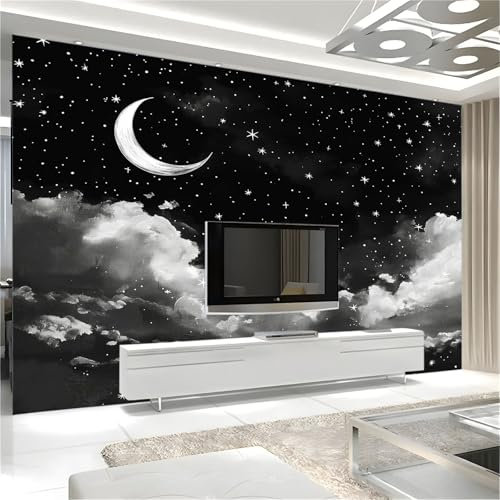 3D Printed Wallpaper Black and White Night Sky Crescent Moon Non-Woven Mural 300 x 210 cm Modern Photo Wallpaper Black and White Living Room Fashion Home Decor Wall Mural