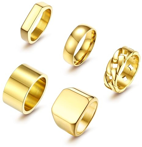 Krfy 5 PCS Edelstahl Herren Ring Set - Gold Siegel Quadrat Pinky Daumen Chunky Cuban Link Kette Band für Hochzeit Cool