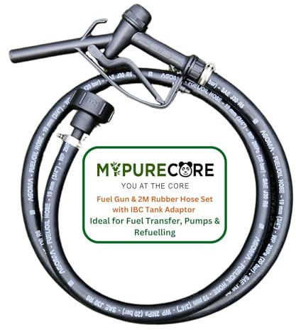 MYPURECORE Fuel Gun & 2M Rubber Hose Set with IBC Tank Adaptor | 25mm Nozzle 19mm ID Hose SAE J30R6 Certified | Compatible with Diesel AdBlue, Oil, Petrol | Ideal for Fuel Transfer, Pumps & Refuelling