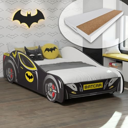 Kids Collective Autobett 70x140 cm Kinderbett Jugendbett mit Rausfallschutz & Matratze | Kinder Spielbett Batman Batmobil Bat Car Auto Bett in schwarz | von Geburt bis 6. Lebensjahr