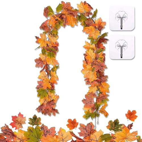 Tkxjry 2 Pezzi Ghirlande Autunnali, Foglia D'acero Foglie Artificiali, Foglie Autunnali da 1.75M Foglie appese Viti, Ghirlanda di Foglie D’acero Artificiali, per Matrimoni Camino Decorazioni Natalizie