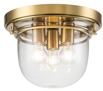 Licht-Erlebnisse Deckenleuchte Badezimmer IP44 Ø 33 cm rund in Messing aus Metall Glas 3x E27 Jugendstil Deckenlampe Badleuchte Decke
