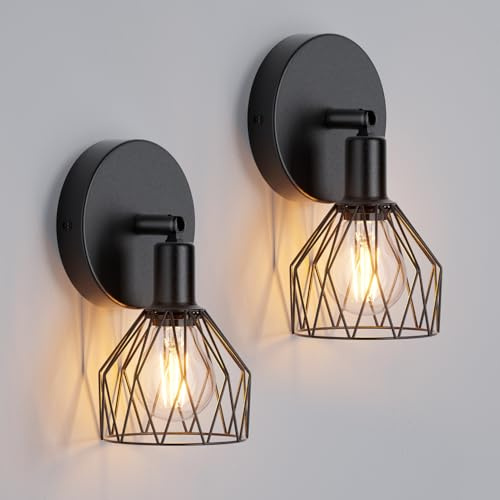 Klighten 2 Piezas Aplique de Pared E14 Vintage Industrial, Lámpara de Pared Orientable Interior Metal, Luz de Pared para Cocina, Pasillo, Dormitorio, Sala de Estar, Negro, Bombilla no Incluida