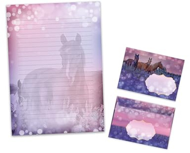 Briefpapier-Set Briefblock mit Umschlag für Jungen Mädchen Kinder Tiere Pferd Lavendelfeld (Block A4 mit 25 Blätter + 15 Umschläge)