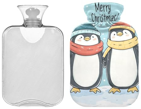 Wärmflasche mit Bezug, Motiv: Pinguine, Blau, für Menstruationskrämpfe, Bettwärmer, 1 l
