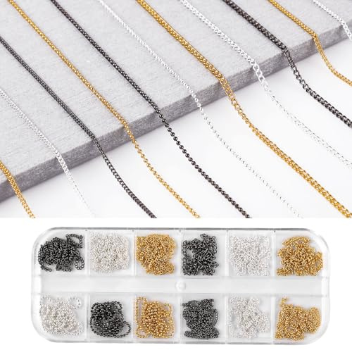 12 Bandes Chaînes Métal pour Nail Art, Or Argent et Noir Chaînes à Ongles avec Boîte Décorations d'Ongles 3D Bricolage Bijoux pour Ongles Ornements de Conception d'Ongles pour Manucure