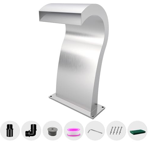 LONGRUNNEW Fuente de piscina de acero inoxidable curvada con accesorios y cascadas de estanque S, para jardín y patio, 52 cm de altura