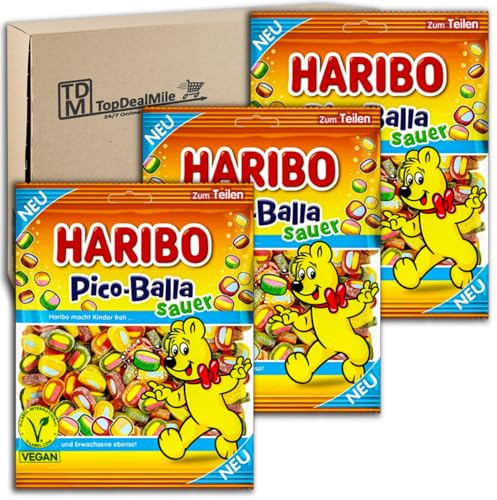 TopDealMile- Vorratspack für Haribo Pico-Balla sauer vegan 3 x 160g Saures Fruchtgummi mit Konfektfüllung