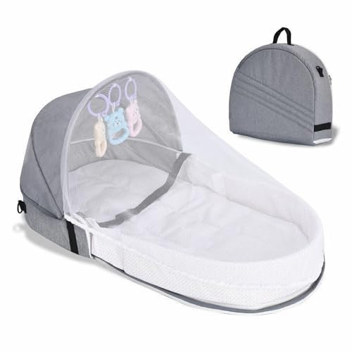 Tragbare Stubenwagen, Faltbare Wiege, Baby Reisebett Faltbar, Reise Stubenwagen mit Spielzeug, Markise und Moskitohaube, Tragbares Babybett, Zusammenklappbar Babybett, für Babys von 0-10 Monaten, Grau