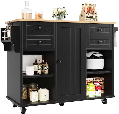 DRIXNO Kücheninsel Essschrank mit Holzmaserung Esswagen，Küchenschrank mit Multifunktionalem Stauraum und Herausnehmbaren Trennwänden, Schwarz, 127×46×91,5cm