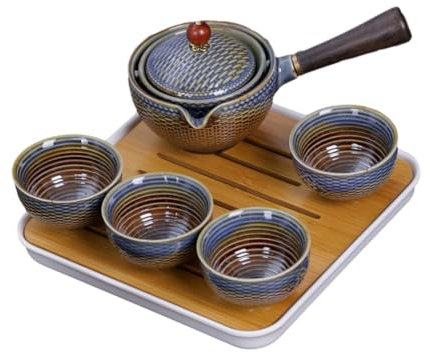 FUNNETOYU Juego De Té De Viaje Tetera Giratoria y Tazas Cerámica Resistente Color Azul Bolsa Portátil para Exteriores Camping y Hogar, Set Automático para Preparar Té Kung Fu